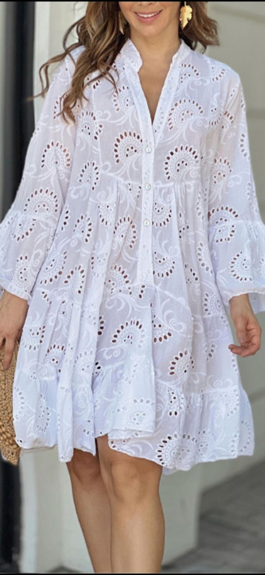 Vestido mini mujer con bordado calado y volantes