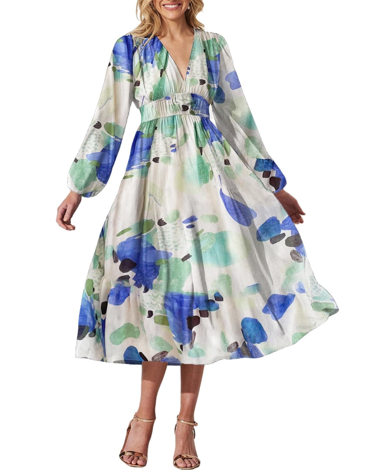 Vestido midi mujer de tela fluida con vuelo y escote cruzado