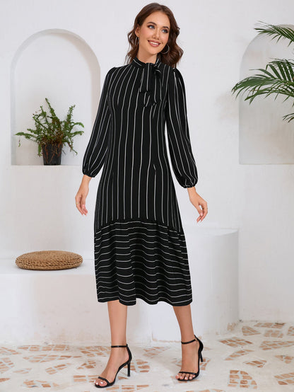 Vestido midi mujer con lazo decorativo y mangas largas - Mavetta