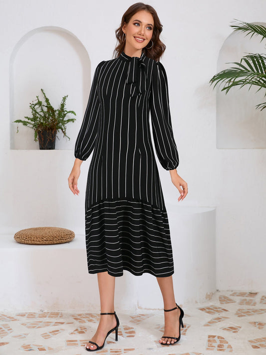 Vestido midi mujer con lazo decorativo y mangas largas - Mavetta