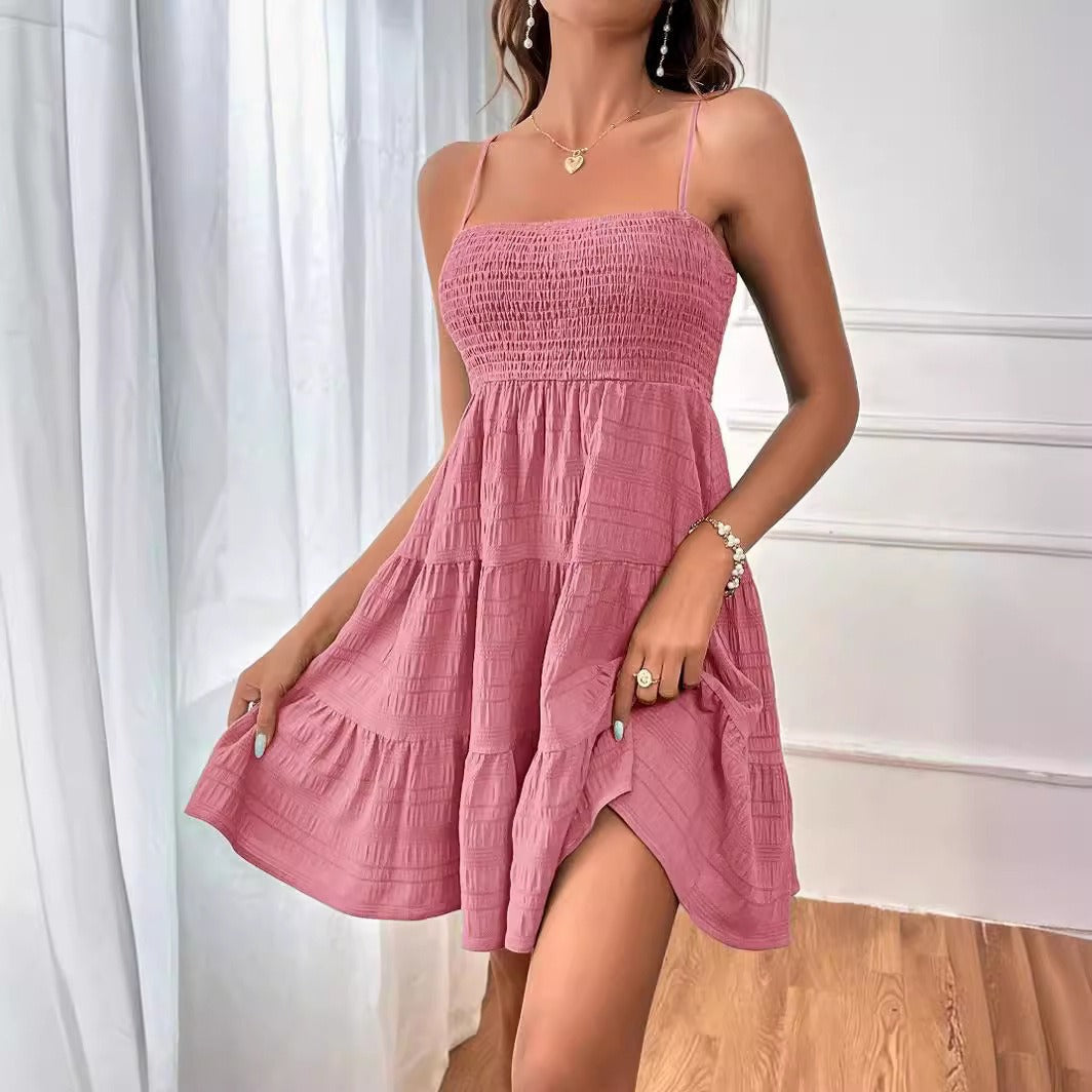 Vestido corto mujer con cuerpo smock y tirantes finos verano