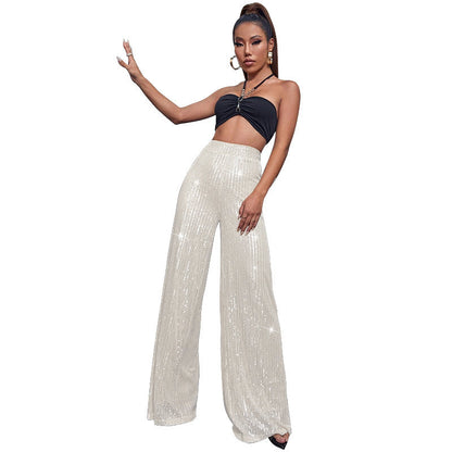 Pantalón Mujer de Lentejuelas Talle Alto Pierna Ancha