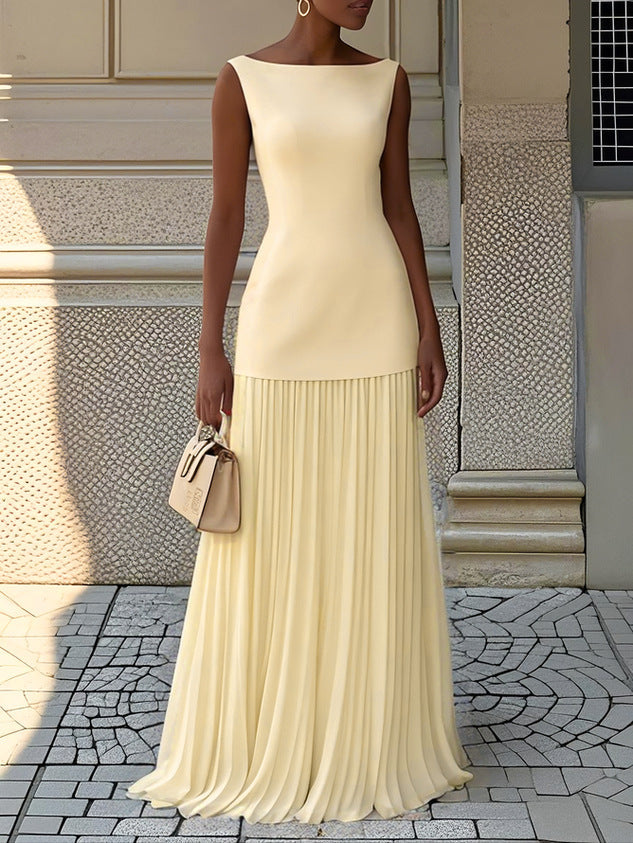 Vestido Largo Mujer Plisado sin Mangas Elegante