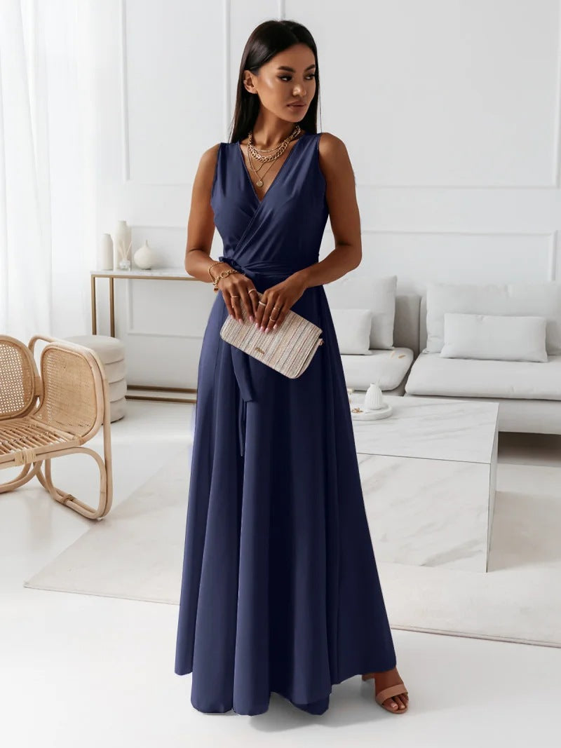 Vestido maxi mujer sin mangas escote en V falda fluida
