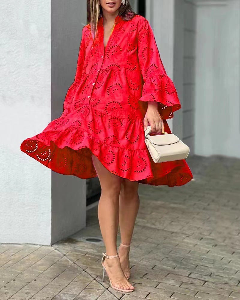Vestido mini mujer con bordado calado y volantes
