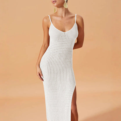 Vestido Largo Mujer de Punto Calado Tirantes Abertura Lateral