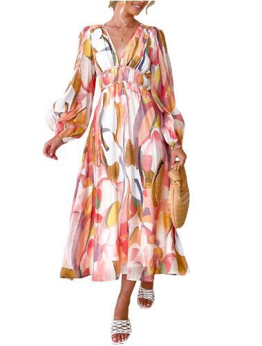 Vestido midi mujer de tela fluida con vuelo y escote cruzado