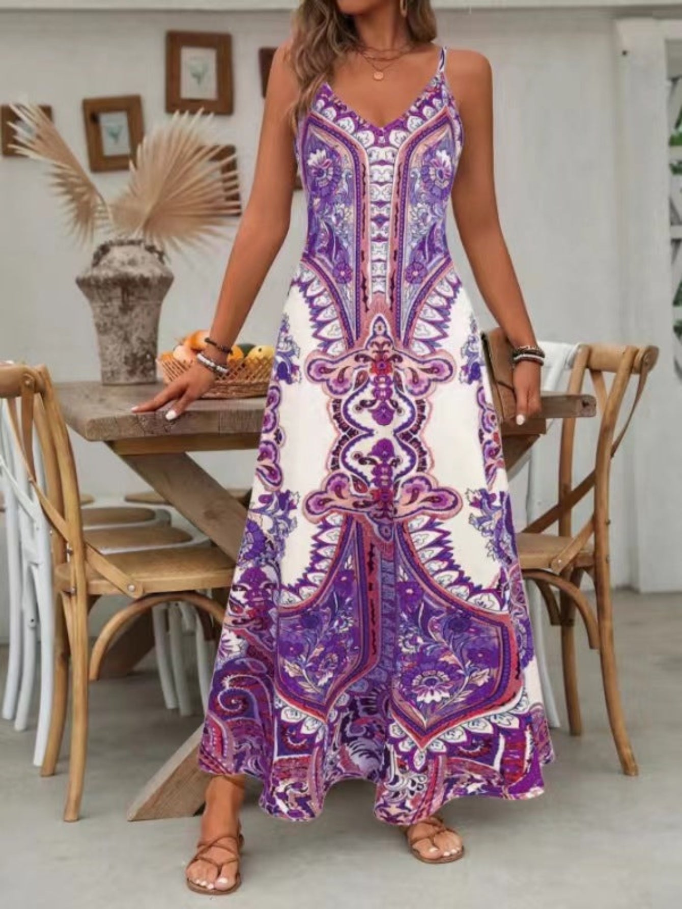 Vestido largo mujer de estampado paisley escote en V bohemio