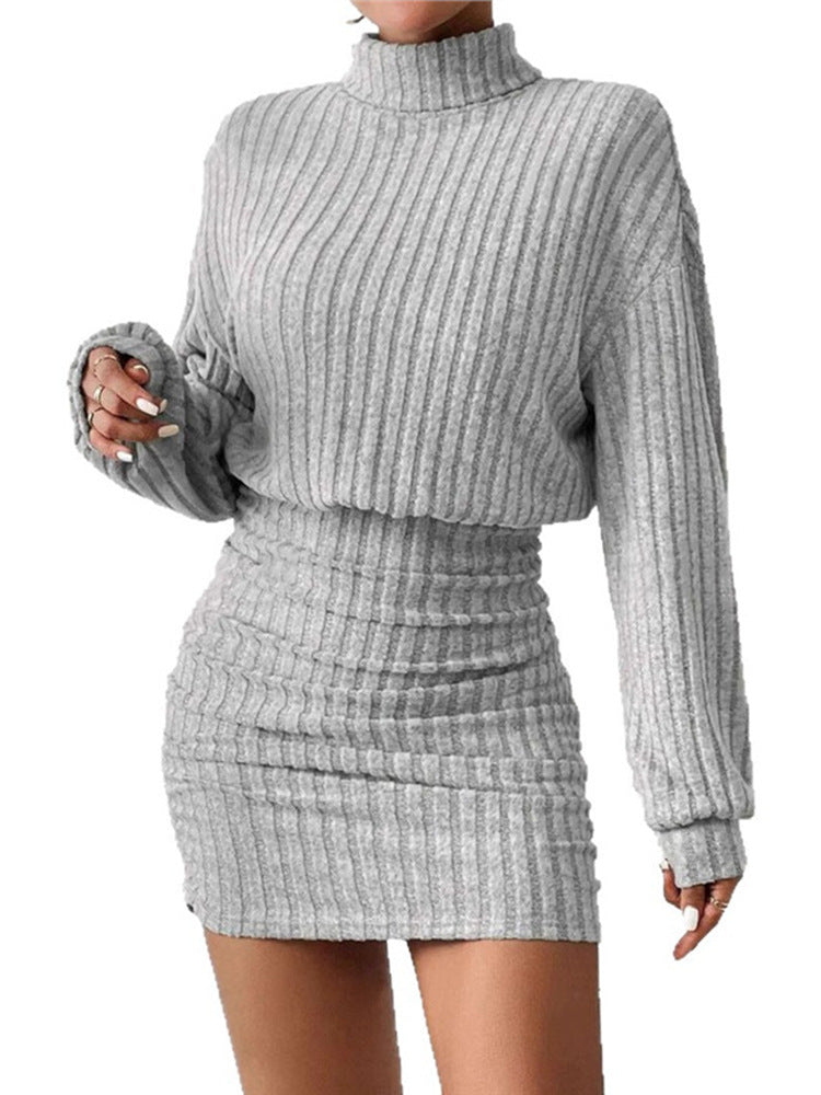 Vestido Mujer de Punto Acanalado Cuello Alto Manga Larga Ajustado
