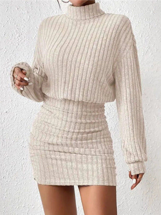 Vestido Mujer de Punto Acanalado Cuello Alto Manga Larga Ajustado - Mavetta