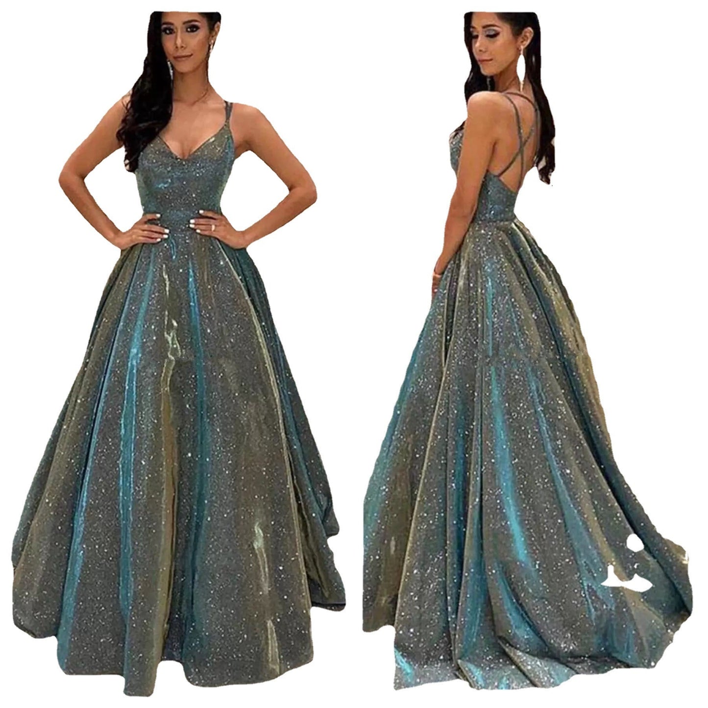 Vestido Noche Mujer con Brillo Escote Profundo en V