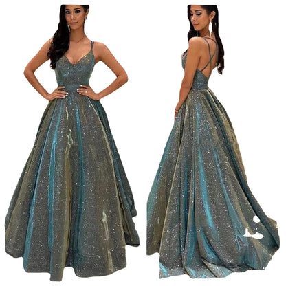 Vestido Noche Mujer con Brillo Escote Profundo en V