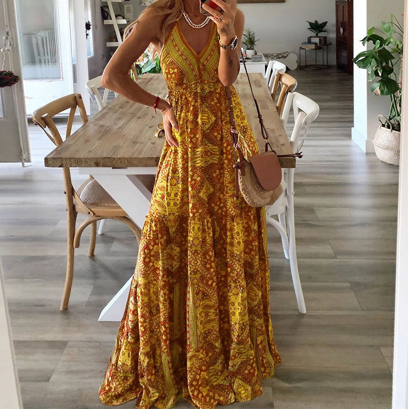 Vestido Maxi Mujer Tirantes Finos Cuello en V Estilo Bohemio
