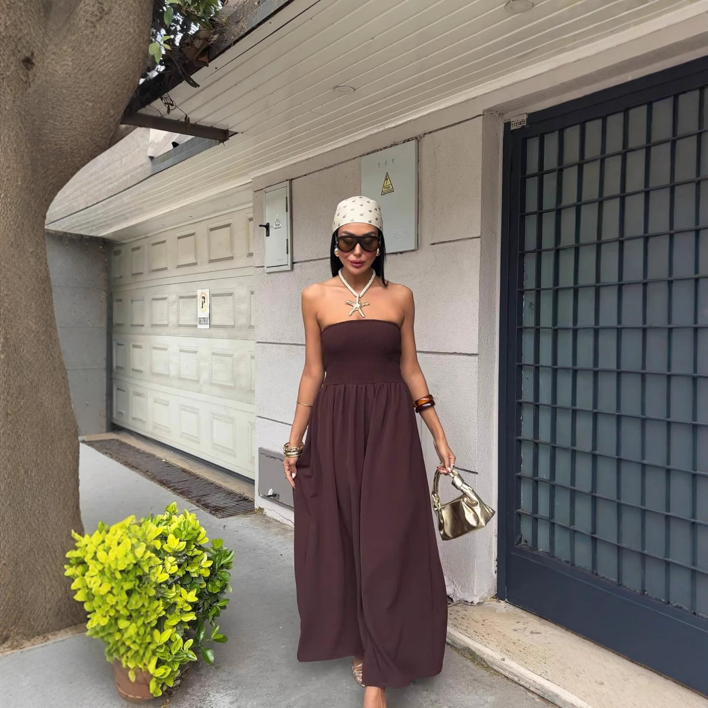 Vestido midi mujer palabra de honor cuerpo fruncido