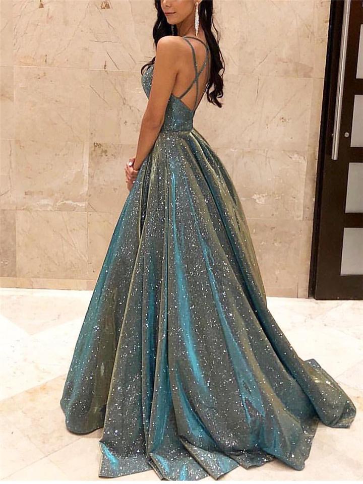 Vestido Noche Mujer con Brillo Escote Profundo en V