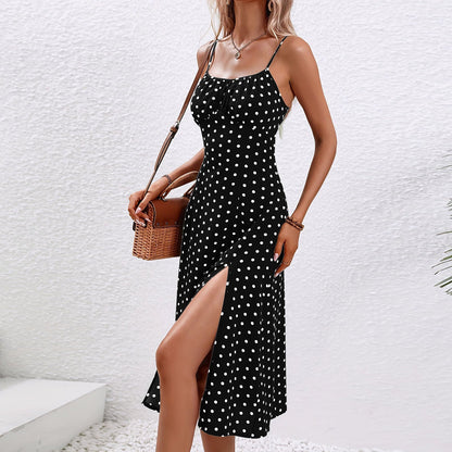 Vestido midi mujer de lunares tirantes finos abertura lateral