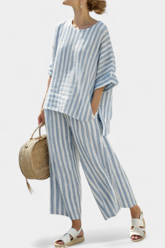 Conjunto mujer y pantalones lino rayas estilo relajado verano - Mavetta