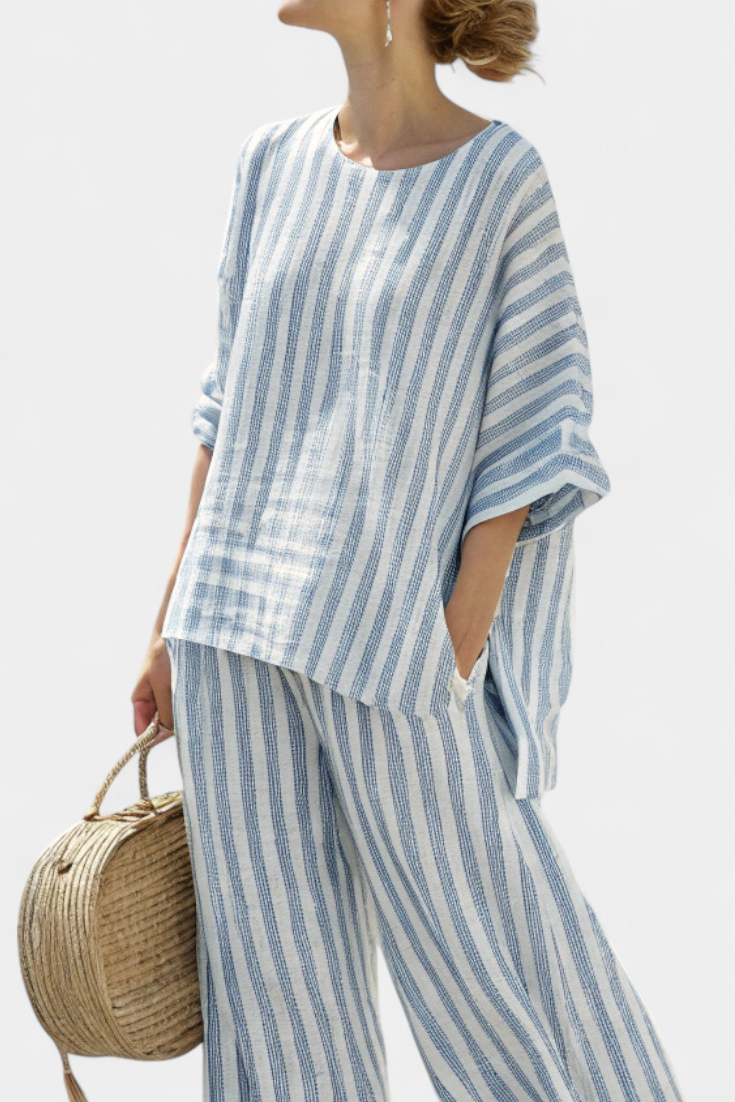 Conjunto mujer y pantalones lino rayas estilo relajado verano