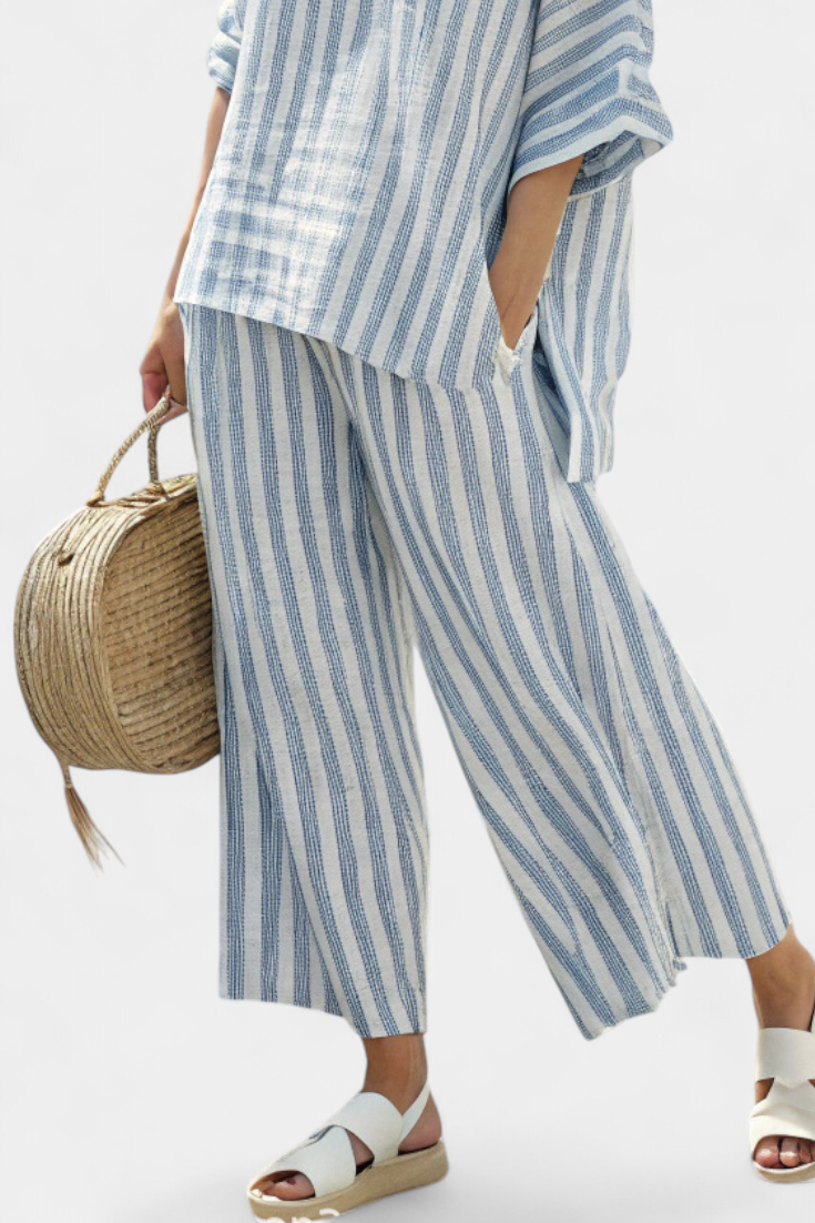 Conjunto mujer y pantalones lino rayas estilo relajado verano