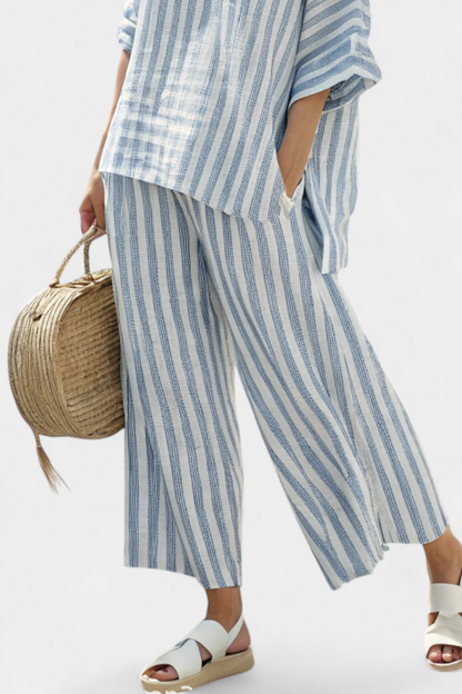 Conjunto Mujer de Lino a Rayas y Pantalones Holgados