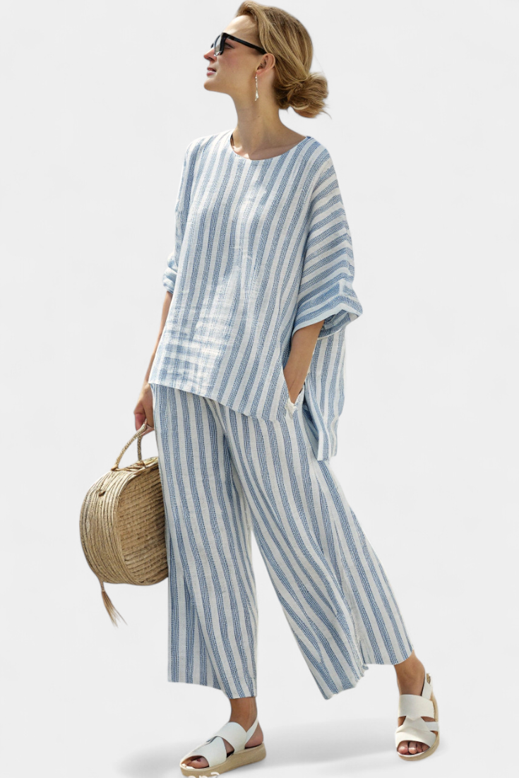Conjunto mujer y pantalones lino rayas estilo relajado verano
