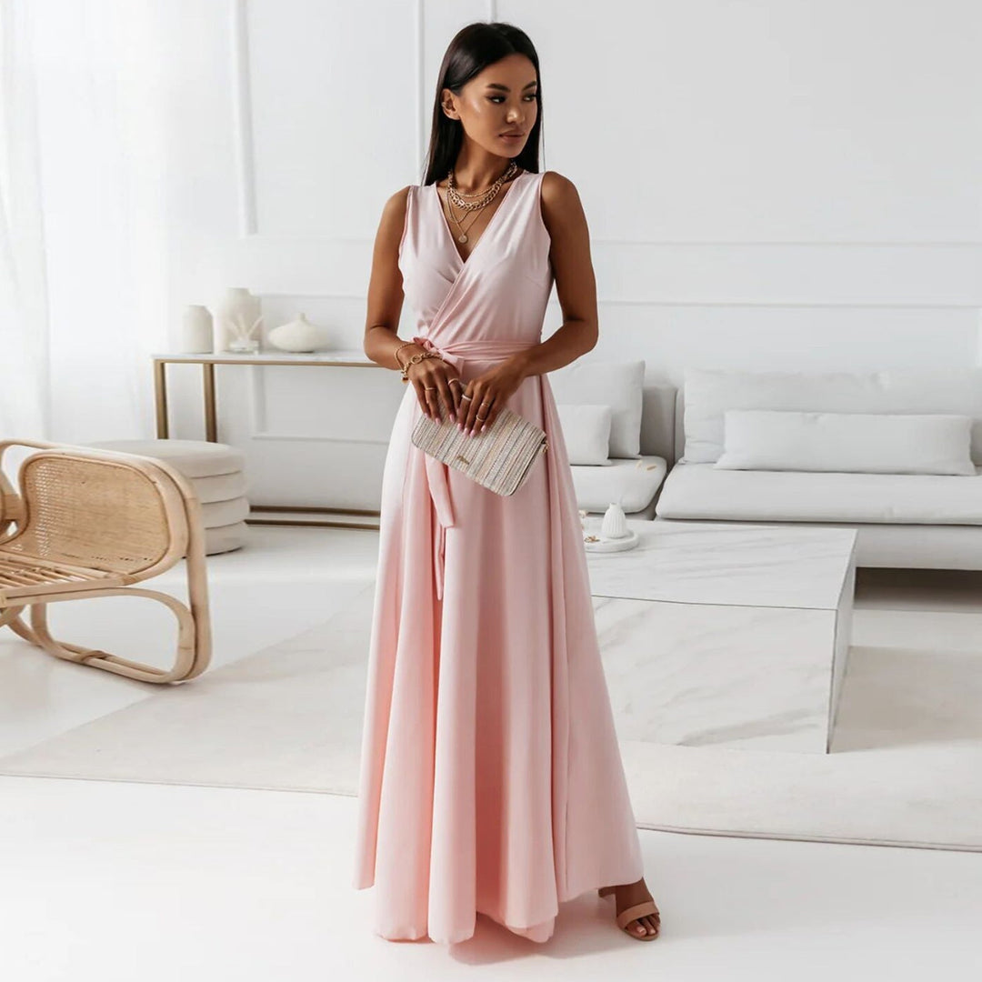 Vestido maxi mujer con cinturón y escote en v - Mavetta