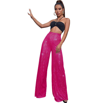 Pantalón Mujer de Lentejuelas Talle Alto Pierna Ancha
