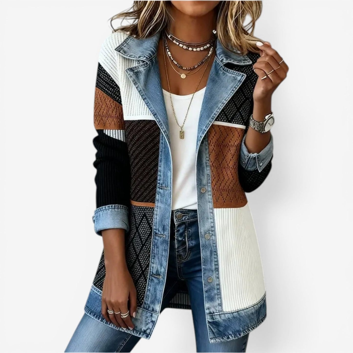 Chaqueta mujer de punto y mezclilla estilo casual moderno
