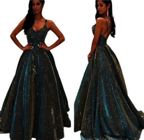 Vestido Noche Mujer con Brillo Escote Profundo en V