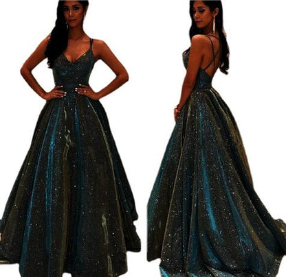 Vestido Noche Mujer con Brillo Escote Profundo en V