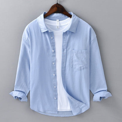 Camisa Hombre Algodón y Lino Manga Larga Cuello Solapa