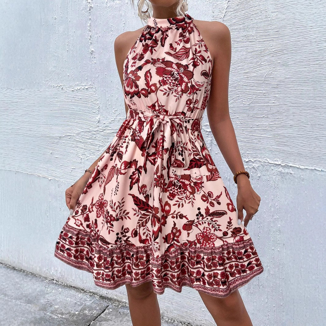 Vestido midi mujer con cuello halter y cinturón ajustable