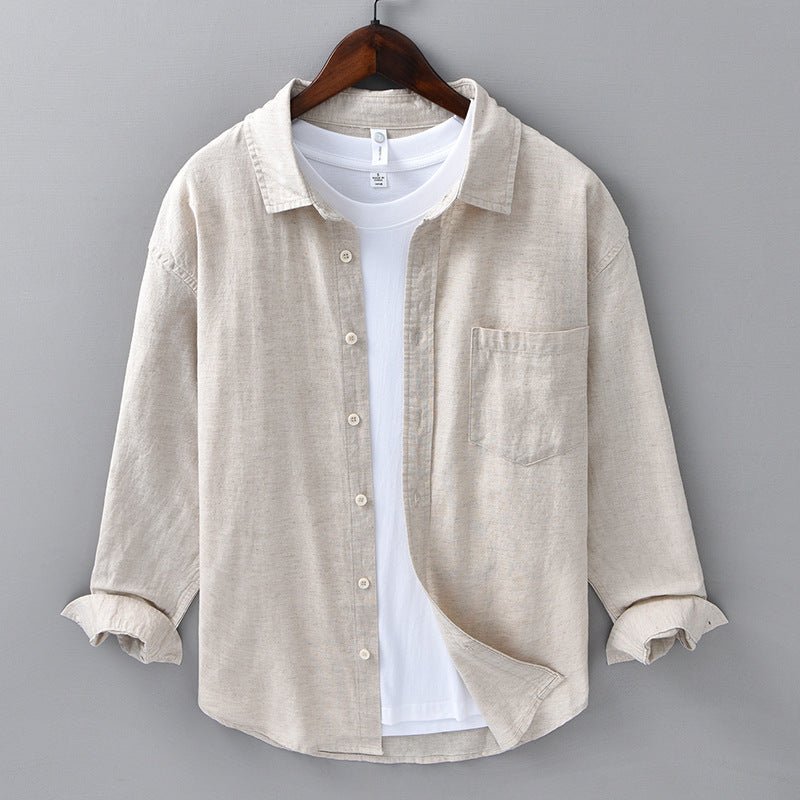 Camisa Hombre Algodón y Lino Manga Larga Cuello Solapa