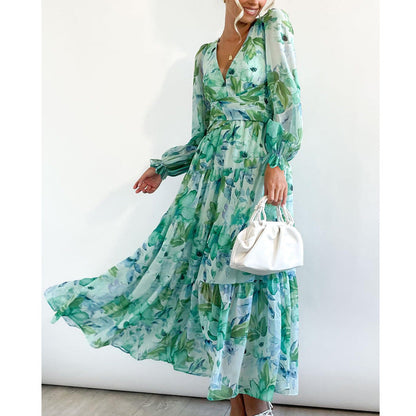 Vestido midi mujer de tela fluida con vuelo y escote cruzado