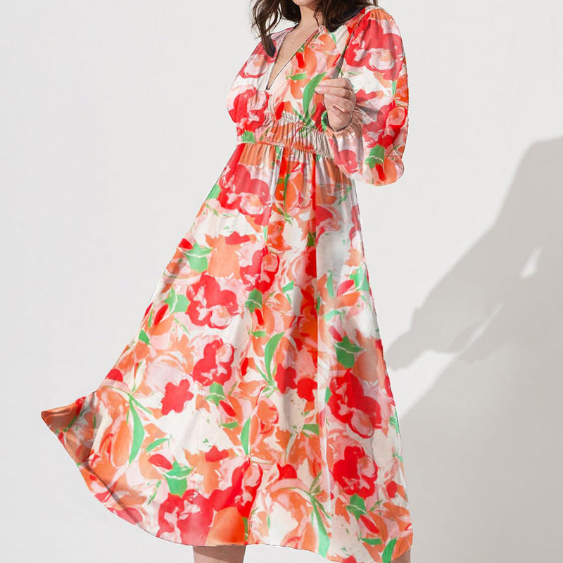 Vestido midi mujer de tela fluida con vuelo y escote cruzado