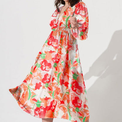 Vestido midi mujer de tela fluida con vuelo y escote cruzado
