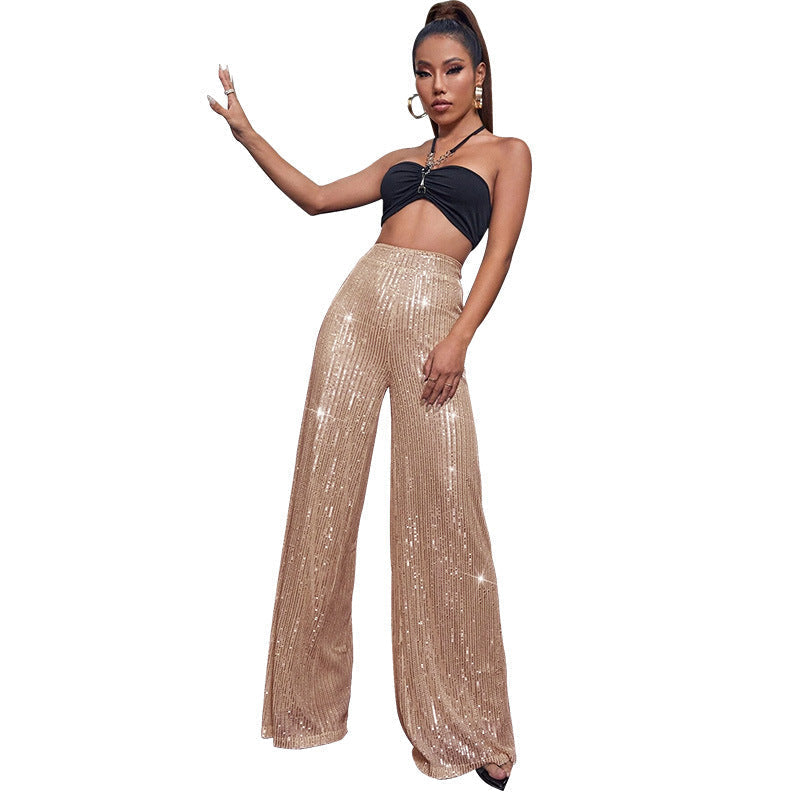 Pantalón Mujer de Lentejuelas Talle Alto Pierna Ancha