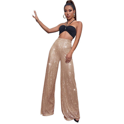 Pantalón Mujer de Lentejuelas Talle Alto Pierna Ancha
