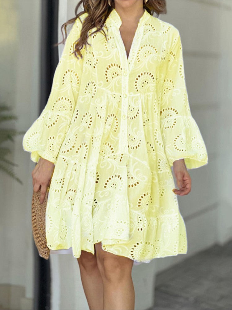 Vestido mini mujer con bordado calado y volantes
