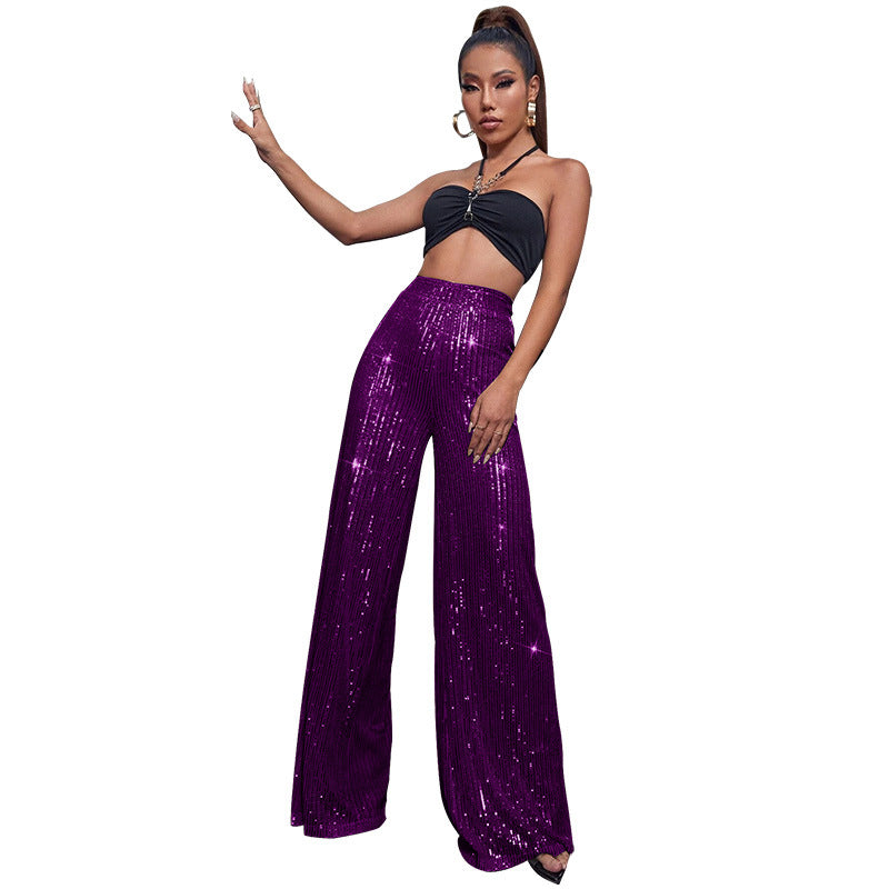 Pantalón Mujer de Lentejuelas Talle Alto Pierna Ancha