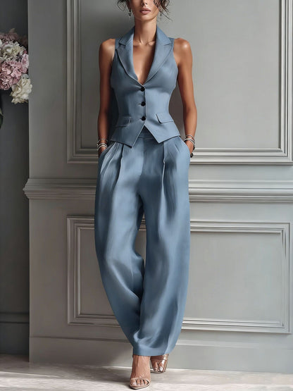 Conjunto mujer chaleco escote en V pantalón amplio