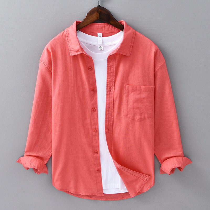 Camisa Hombre Algodón y Lino Manga Larga Cuello Solapa