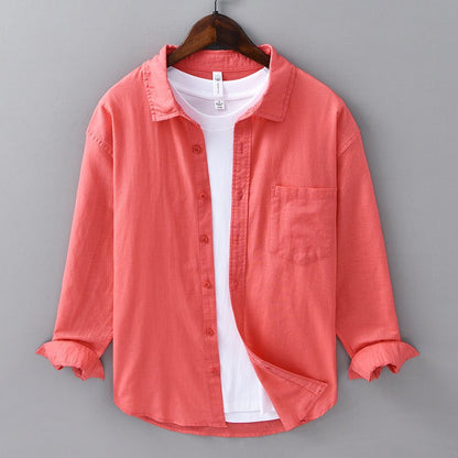 Camisa Hombre Algodón y Lino Manga Larga Cuello Solapa