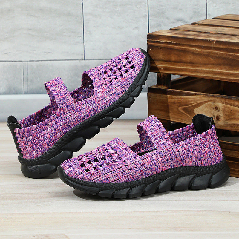 Zapatos slip-on mujer con tejido elástico y banda cruzada