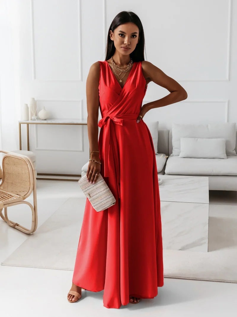 Vestido maxi mujer sin mangas escote en V falda fluida