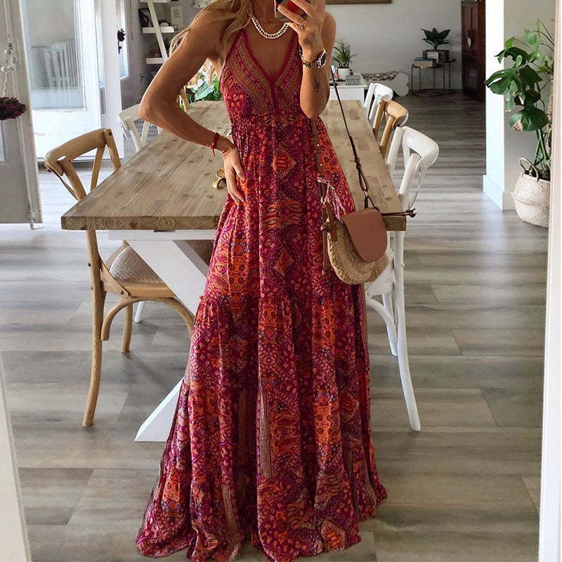 Vestido Maxi Mujer Tirantes Finos Cuello en V Estilo Bohemio