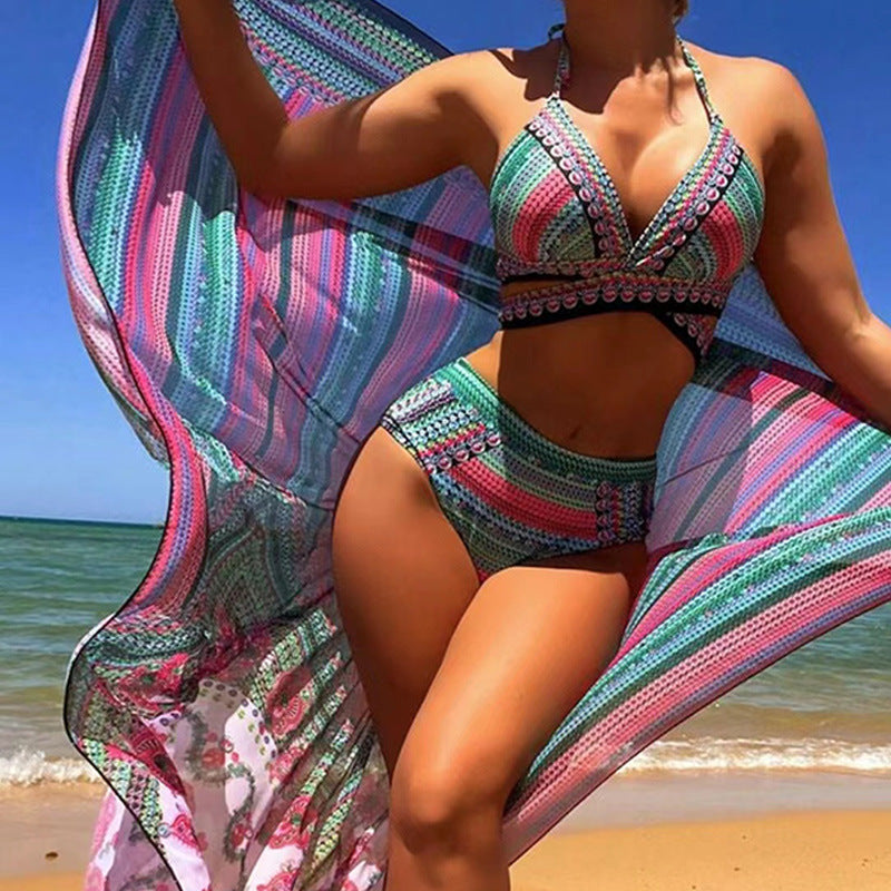 Bikini Mujer de Talle Alto Triángulo y Kimono Playa