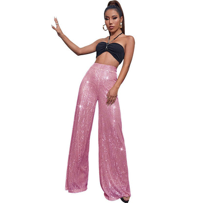 Pantalón Mujer de Lentejuelas Talle Alto Pierna Ancha
