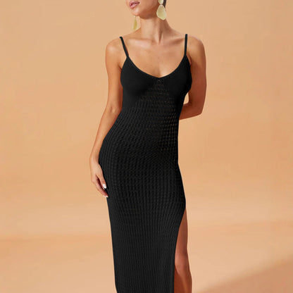 Vestido Largo Mujer de Punto Calado Tirantes Abertura Lateral