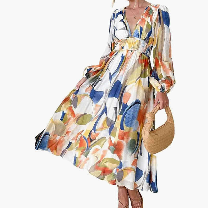 Vestido midi mujer de tela fluida con vuelo y escote cruzado